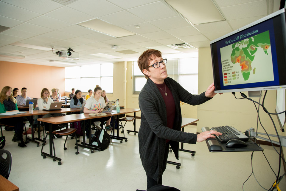 Katherine MAcKinnon, Ph.D. teaches an anthorpology class.