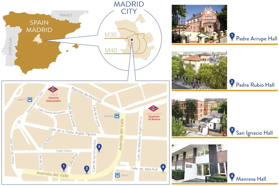 Map showing the location of Madrid within Spain and the location of SLU Madrid within the city of Madrid. The map also shows the locations of Padre Arrupe Hall and Padre Rubio Hall on Avenida del Valle; San Ignacio Hall on Calle de las Amapolas, and Manresa Hall on Calle de Max Aub